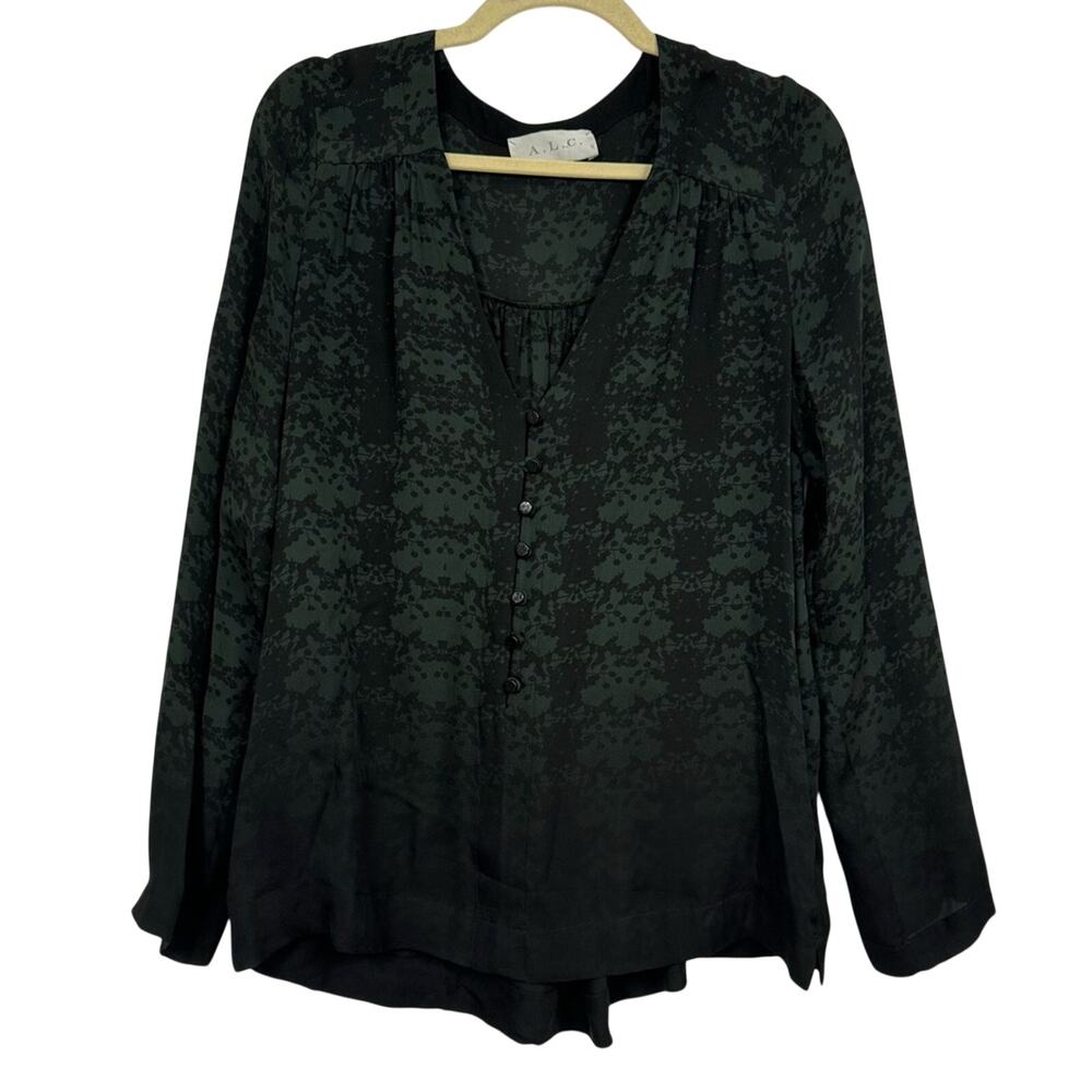 ALC Green & Black Floral Print Silk Blouse Womens XS Long Sleeve Buttons Shirt